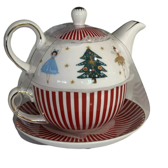Grace Teaware Christmas NUTCRACKER Teapot Tea For One Holiday Red White Striped - Picture 4 of 5